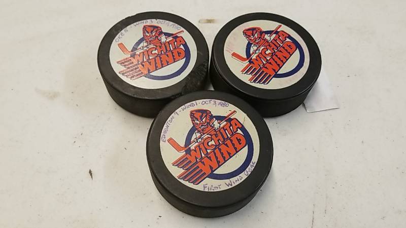 lot 175 image: Lot of 3 Game Used Wichita Wind Hockey Pucks  CHL  Vintage 1980s