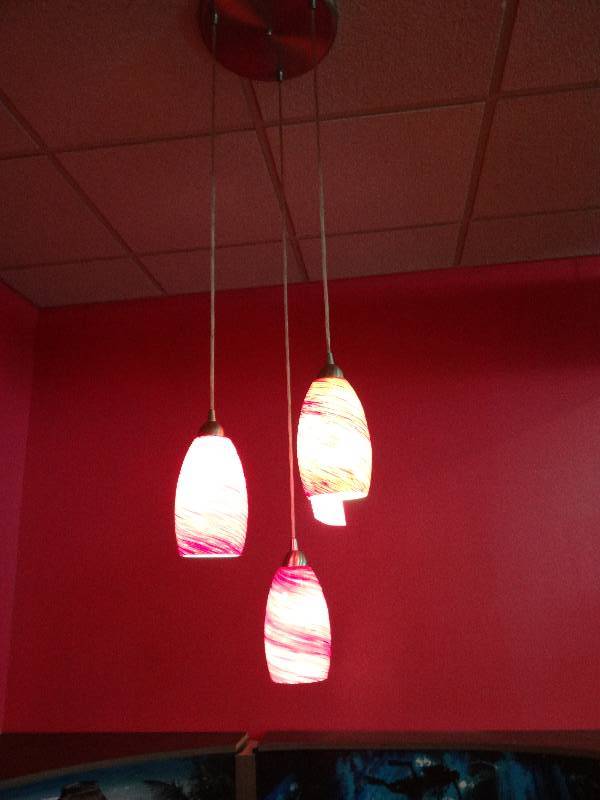 lot 6239 image: Lot of 3 Red and White Pendant Lights