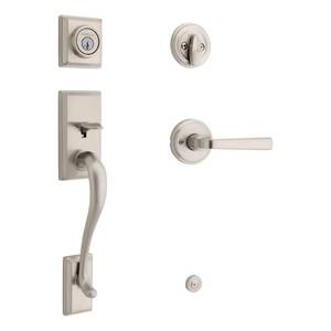 lot 1595 image: Hawthorne Single Cylinder Door Handleset wTrafford Handle featuring SmartKey Security in Satin Nickel - Retail $139