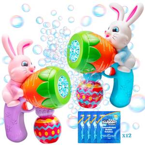 lot 1613 image: Sloosh 2 Packs Easter Bunny Bubble Gun for Toddlers 3, Light Up Bunny Bubble Blower with 12 Refill Solution for Kids Ages 4-8, Birthday Party Gifts, Outdoor, Easter