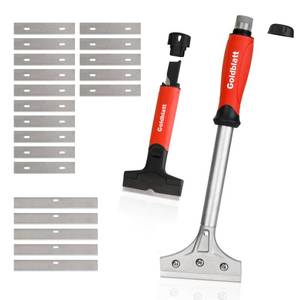 lot 2477 image: Goldblatt 2 Pieces Glass Scraper Set ��with 20-piece Blades - 4 Inch Industrial Floor Scraper Tool with Long-Handle, Heavy Duty Razor Holder for Cleaning Caulk, Paint, Glue on Glass, Tiles, Walls