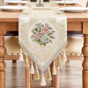 lot 4224 image: Loom and Mill Elegant Table Runner 13x108 inch, Floral Jacquard Fabric Dining Table Runners with Tassel, Great for Home Table Setting Kitchen Dresser Party Holiday Decor(Pearly Beige, 13x108in)