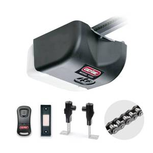 lot 5655 image: Genie 1035-V 12 HPc DC Motor System Chain Drive 500 Garage Door Opener Part number 38956R With single Button Remote Lighted Push Button & Safe-T-Beams - Retail $243.24