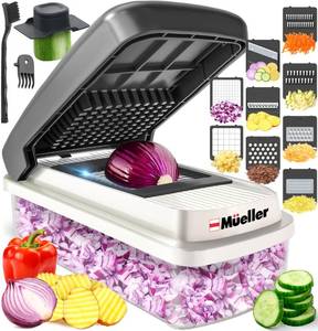 lot 6358 image: Mueller Vegetable Chopper Mandoline Slicer, Food Veggie Chopper, Cheese Grater, Onion Vegetable Cutter with Container, Dicer, Kitchen Gadgets & Essentials, White SandGrey