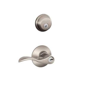 lot 6413 image: Schlage FB50NVACC619 Satin Nickel Single Cylinder Deadbold & Keyed Entry Accent Lever - Retail $395.35