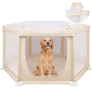 lot 6443 image: A58x58x30 Large Dog Playpen Indoor, Extra Tall Puppy Playpen with Removable Roof, Sturdy Fabric Mesh Dog Pen for Medium to Large Pets, Spacious Hexagonal Pet Playpen Indoor for Comfort & Security