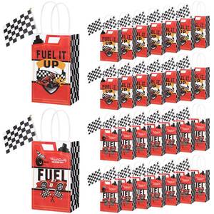 lot 10300 image: Pajean 32 Pcs Race Car Party Bags with 32 Pcs Checkered Flags Race Goodie Candy Paper Bags Gifts Car Candy Treats Paperbags with Handle for Birthday Party Decor Supplies