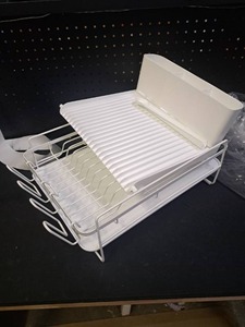 lot 12292 image: White Metal Dish Drying Rack with Drainboard