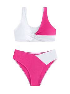 lot 12334 image: SweatyRocks Girls Two Piece Color Block Swimsuit V Neck Ribbed Bikini Set Bathing Suit Beachwear Hot Pink 14Y