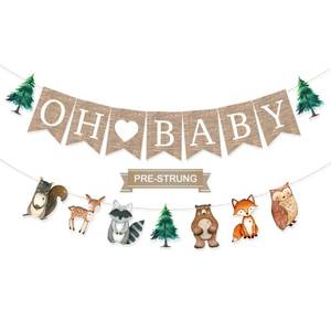 lot 12349 image: Stcomart Pre-Strung 6ft Burlap Oh Baby Banner for Woodlands Baby Shower Decorations,Neutral Forest Animals Gender Reveal Party Decor, Multicolor