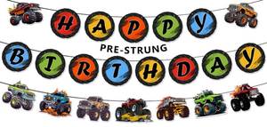 lot 12356 image: Hiyimipty Pre-Strung Monster Truck Birthday Decorations Wheels Happy Birthday Banner, Monster Machine Trucks Themed Party Supplies, NO DIY