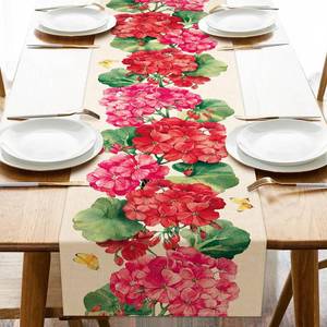 lot 12399 image: Uruney Spring Summer Geranium Flower Table Runner, Red Floral Butterfly Kitchen Dining Table Decoration, Seasonal Burlap Indoor Outdoor Home Decor Party Supply 13 x 72 Inches
