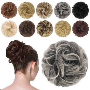 lot 16457 image: FESHFEN Messy Bun Hair Piece - Elastic Wavy Curly Hair Bun Scrunchies Extensions Synthetic Chignon Hairpieces for Women Girls, Gray and White Tips 1 PCS