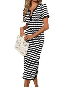 lot 16488 image: Cicy Bell Womens Short Sleeve Midi Dress Crochet Knit Hollow Out Striped Rickrack Summer Sweater Dresses Black (Large)