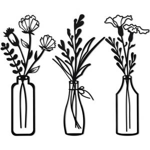 lot 16490 image: Hotop 3 Pieces Metal Flower Wall Decor Metal Vase Door Art Wall Sculptures Hanging Flower in Vase Hanging Iron Decor for Living Room Kitchen(Black)