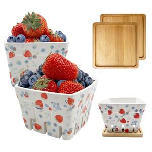 lot 6452 image: SNAIL GARDEN 2Pcs Ceramic Berry Basket with 2Pcs Bamboo Coasters,Berry-Patterned Berry Bowls with Holes Ceramic for Strawberries Blueberries, Fruit Basket for Rustic Farmhouse Kitchen Decor