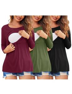 lot 6462 image: Ekouaer Women 3 Packs Nursing Shirts Long Sleeve Maternity Tops Double Layer Breastfeeding Tees Round Neck Pregnancy Blouse BlackArmy GreenDark Red M