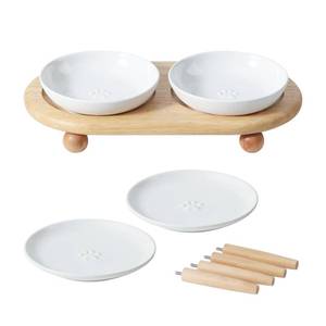 lot 6466 image: Havniva Raised Ceramic Wide Whisker Friendly Cat Dishes, Food& Water Bowl with 2 Style Stand Adjustable Raised Pet Bowl Set(2Dish2Shallow DishStand, White