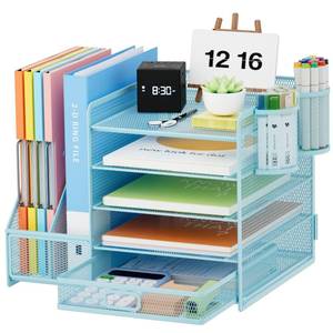 lot 7539 image: Marbrasse Desk Organizer with File Holder, 5-Tier Paper Letter Tray Organizer with Drawer and 2 Pen Holder, Mesh Desktop Organizer and Storage with Magazine Holder for Office Supplies(Blue)