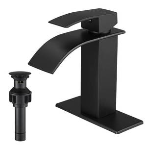 lot 7544 image: VOTON Black Bathroom Faucets Modern Waterfall Bathroom Sink Faucet Matte Black Single Handle Bathroom Faucet for 1 or 3 Holes with Deck Plate and Pop-Up Drain, Rv Sink Camper Farmhouse Bathroom Faucet
