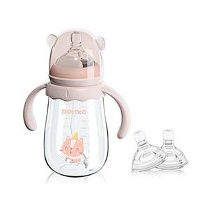 lot 8455 image: POTATO Glass Baby Bottles, Anti-Colic Breastfeeding Bottles with Fast Flow Nipple, Suitable for Babies 6-12 Months, 2 Replaceable Nipples, 8 oz, Pink