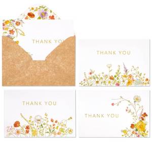 lot 8460 image: Crisky 4 Assortment Thank You Cards Gold Foil Watercolor WildFlowers 50 Note Cards with Envelopes & Stickers for Birthday, Baby Shower, Bridal Shower, Wedding, Graduation