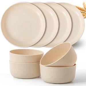 lot 9068 image: RVXHUA Wheat Straw Plates and Bowls Set, 8PCS Reusable Plastic Dinnerware Set, Microwave and Dishwasher Safe, Unbreakable Dish Set for RV, Camping, Picnic, Dorm - Beige