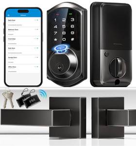 lot 9070 image: Veise Fingerprint Smart Locks for Front Door with 2 Lever Handle Set, App Control, Keyless Entry, Electronic Digital Keypad Deadbolt, Auto Lock, Waterproof, Easy to Install, Matte Black - Retail $145.91