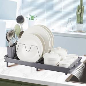 lot 9074 image: CLNGAI Expandable Dish Drying Rack, Compact Dish Drainer with Removable Utensil Holder,Space Saving Rust-Proof Small Adjustable Plate Rack for in Sink or Kitchen Counter (Gray)