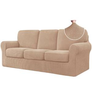 lot 9075 image: CHUN YI 7 Piece Stretch Sofa Cover, 3 Seater Couch Slipcover with Three Separate Backrests and Cushions with Elastic Band, Checks Spandex Jacquard Fabric(Large,Camel) - Retail $82.99