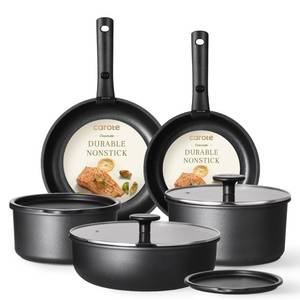 lot 9090 image: CAROTE Pots and Pans Set Non Stick, Cookware Set Detachable Handle, Nonstick Induction Kitchen Sets Non Stick with Removable Handle, RV Cook Ware, Oven Safe, Black