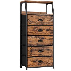 lot 9096 image: Furnulem Tall 5 Drawers Dresser, Vertical Storage Tower Fabric Dresser for Bedroom, Hallway, Entryway, Nursery, Closet Organizer, Nightstand Bedside Table Furniture, Sturdy Steel Frame, Wood Top
