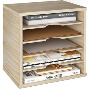 lot 9106 image: Ballucci Wood File Organizer Paper Sorter, 5 Tier Adjustable Shelves Office Desk Organizer 13 58 x 9 14 x 12, Brushed Wood