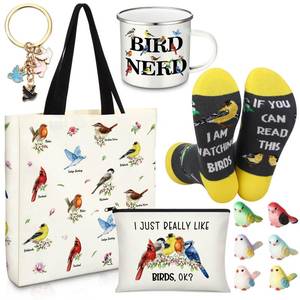 lot 9112 image: Yeyeplum Animal Lover Gifts for Women Mothers Day Animal Themed Gifts for Mom Include Canvas Tote Bag, Makeup Bag, Socks, Keychain, Enamel Mug, Small Figurines(Bird)