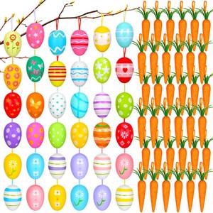 lot 10225 image: 72 Pcs Easter Egg Ornaments and Carrot Hanging Ornaments Set Colorful Foam Easter Ornaments for Tree Easter Hanging Decorations Glitter Artificial Carrots for Easter Basket Decor Spring Party Supplies