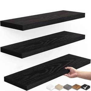 lot 2979 image: BAYKA Floating Shelves for Wall, Wall Mounted Rustic Wood Shelves for Bathroom, Bedroom, Living Room, Kitchen, Hanging Shelf for BooksStorageRoom Decor with 22lbs Capacity (Black, Set of 3, 15.7in)