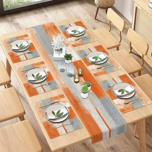 lot 2983 image: ArtSocket Farmhouse Table Runner and Placemats Abstract Orange Grey Painting Art Dining Decor for Daily