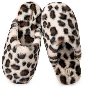 lot 18051 image: Snug Leaves Womens Fuzzy Scuff Slippers Soft Comfy Memory Foam Non-slip Indoor House Shoes (Cheetah Beige, Size 9-10)
