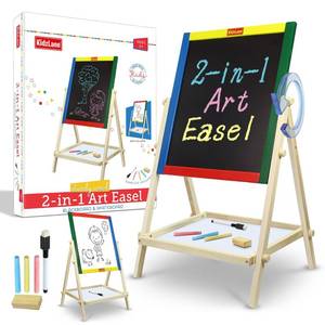 lot 18056 image: Kidzlane Art Easel for Kids 2-4 - Wooden Toddler Easel - Double Sided Standing ChalkboardDry Erase Board for Kids - Toddler Drawing Board with Accessories - 25.75 Inches Blackboard and Whiteboard