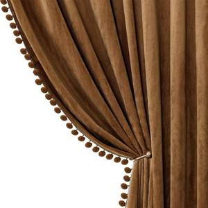 lot 18063 image: Benedeco Camel Velvet Curtains for Bedroom Window with Pom Pom, Super Soft Luxury Drapes, Room Darkening Thermal Insulated Rod Pocket Curtain for Living Room, W52 by L96 inches, 2 Panels