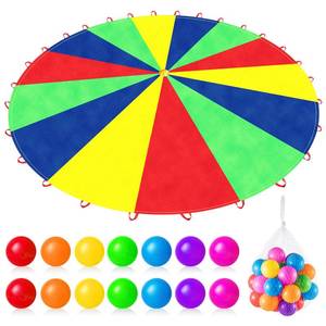 lot 18065 image: Wettarn Parachute 12 Ft, 16ft, 20 Ft, 23 Ft, 30 ft for Kids with Handles and Plastic Balls Rainbow Parachute Toy Tent Game for Kids Cooperative Games and Outdoor Playground Activities(19.7 ft)