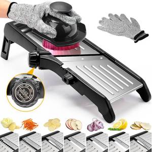 lot 18094 image: Mandoline Food slicer for kitchen, Adjustable Stainless Steel Mandoline Vegetable slicer, Food slicer Onion Potato Chip French Fry, 7 in-1 Adjustable Blade, Including 1 Pair Cut-Resistant Gloves