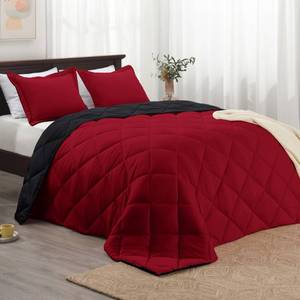 lot 18116 image: Basic Beyond Queen Comforter Set, Red and Black Comforter Set Queen Size, Reversible Bed Comforter Queen Bed Set for All Seasons, 1 Comforter (88x92) and 2 Pillow Shams (20x262)