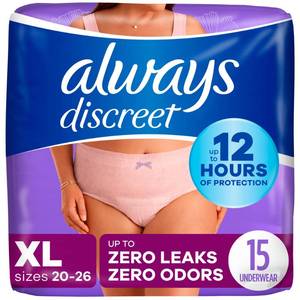 lot 18150 image: Always Discreet Adult Incontinence & Postpartum Underwear for Women, Classic Cut, Size X-Large, Maximum Absorbency, Disposable, 15 Count (Pack of 1) (Packaging May Vary)