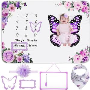 lot 18156 image: Chumia Monthly Baby Milestone Blanket for Girl Set Butterfly Newborn Calendar Growth Chart Baby Age Receiving Blanket with Bib Frame Headband for Photo Props 59 x 39(Purple,Butterfly Pattern)