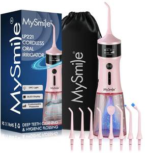 lot 18193 image: MySmile LP221 UVC Sterilizable Cordless Water Flossers for Teeth 335ML Portable OLED Display Dental Flosser with 4 Modes 8 Jet Tips and a Storage Pouch for Home and Travel (Juicy Pink)