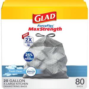 lot 18196 image: Glad ForceFlex MaxStrength Kitchen Drawstring Trash Bags, 20 Gal, Fresh Clean,