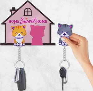 lot 18220 image: CUMFYHOUS Cute Cat Couple Keychains,Acrylic Wall Mount Key Holder,Decorative Hook Tray and 2 Sets of Keychain with Clip,Housewarming Gifts, New Home Decor,Cat Lover Gift(5.5W x 4.3H)