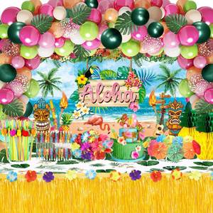 lot 18228 image: Hawaiian Luau Party Decorations Tropical Summer Beach Pool Party Supplies Including Aloha Backdrop, Table Skirt, Tablecloth, Flamingo, Palm Leaves and Hibiscus, Balloons Arch, Straws,