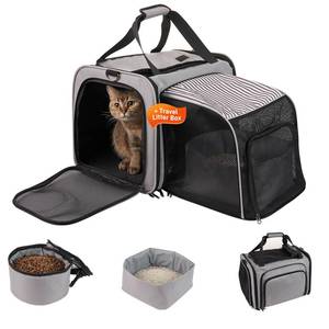 lot 18231 image: Cat Carrier with Litter Box, Expandable Cat Travel Carrier for Car with Bowl, Soft Sided Cat Carrier for CatsPuppies up to 20 lbs, Grey